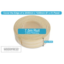 WoodPress® 30mm Real Ash Wood Iron-On Edging – 7.5m Roll – Pre-Glued Wood Veneer Tape for Easy DIY Application – Will Cover the Edge of a Standard MDF Panel