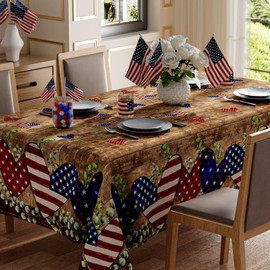 XCHI Wood Love Heart America Eucalyptus Leaves Patriotic 4th of July Memorial Day Independence Day Tablecloth Square Washable Table Covers for Home Party Decorations 60x60 Inch