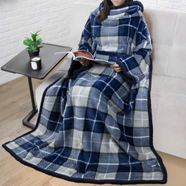 PAVILIA Deluxe Sherpa Fleece Blanket with Sleeves for Women Men Adult, Wearable Blanket Warm Cozy, Super Soft Thick Sleeved Throw with Arms Pocket, Gift for Women Mom Wife (Plaid Navy)
