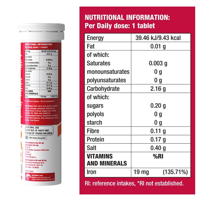 Fast&Up Iron – 19mg Iron Daily Supplement – 20 Effervescent