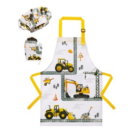 WERNNSAI Truck Kids Apron Set for Boys - Art Aprons for Kid Waterproof Toddler Chef Cooking Aprons with Hat Oven Mittens Baking Painting Gardening Apron Kitchen Classroom Art Smock Age 6-10 Years