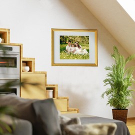 Wontree 11x14 Picture Frame Ornate in Gold with Bead Border and Central Rope, Solid Wood with Real Glass, Display 11x14 Photo Matted to 8x10, Vertical and Horizontal for Wall Hanging