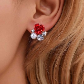TseenYi Red Rose Flower Earrings Crystal Flower Pearl Stud Earrings Red Flower CZ Earrings Floral Rose Earrings Sparkling Crystal Pearl Earrings Jewellery for Women and Girls