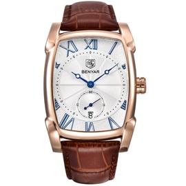 BENYAR Waterproof Classic Rectangle Case Vintage Design Watches Leather Strap Business Casual Wrist Watch for Men (Gold)