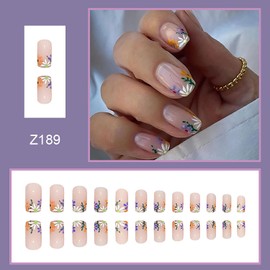 Flower Press on Nails Square Medium Fake Nails Glossy Glue on Nails Cute Floral False Nails with Designs Full Cover Acrylic Nails Nude Pink Artificial Nails for Women Manicure Decorations, 24Pcs