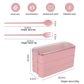 3 Pack Bento Box Japanese Lunch Box Kit with Spoon & Fork, 3-in-1 Compartment Wheat Straw Meal Prep Containers with Divider for Kids & Adults (Pink & Green & Beige)