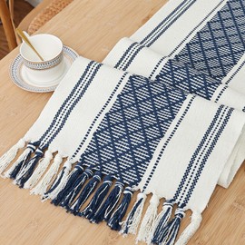 Yaspetala Rustic Table Runner with Tassels, Blue and White Bicolor Woven, Washable, 14"x90", Perfect for Entryway, Dining Room, Kitchen, Weddings, Holidays, and Party Decor