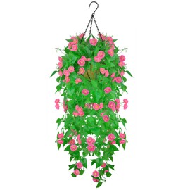 Artificial Fake Hanging Plants Flowers Basket for Outdoor Spring Summer Decorarion, UV Resistant Faux Plastic Fabric Silk Flowers Rose for Indoor Outside Garden Porch Patio Balcony Decor (Pink)