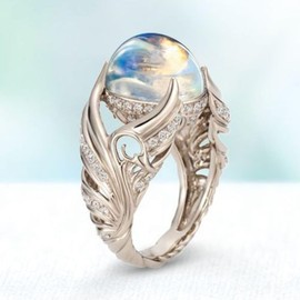 Gixaxak Angel Wings Moonstone Zircon Full Diamond Ring Natural Moonstone 925 Sterling Silver Ring Moonstone Ring Sterling Silver Rainbow Moonstone Ring Dainty Trendy Vintage Opal Ring(Size 7