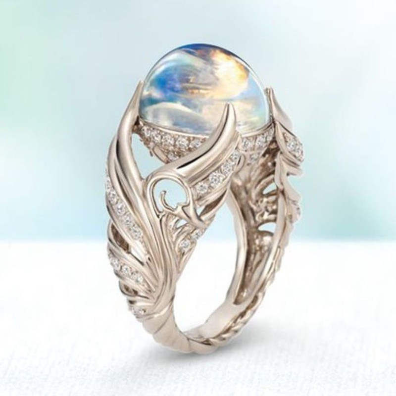 Gixaxak Angel Wings Moonstone Zircon Full Diamond Ring Natural Moonstone