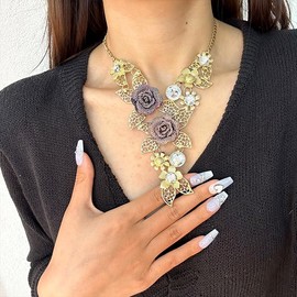 Bethynas Bohemian Ethnic Tribal Chunky Necklace Multilayer Long Tassel Turquoise Statement Neck Chain Retro Coin Gemstone Exaggerated Costume Accessories for Women (H-Flower)