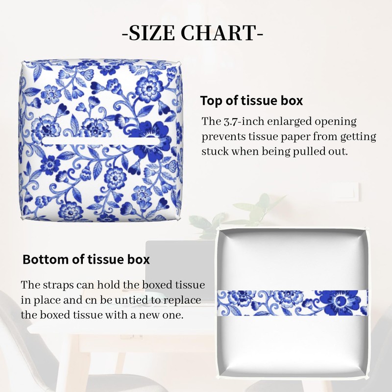 Tissue Box Cover,Blue and White Porcelain Flowers Pu Leather Square