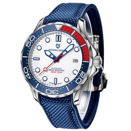 Pagani Design 1667 Men's Fashion Automatic Diving Watch NH35 Movement Rotating Ceramic Bezel Waterproof Nylon Rubber Business Sport Self-Winding Watch (White-Rubber)