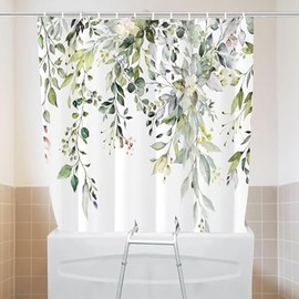 Gipsighila Green Split Shower Curtain for Transfer Bench with Eucalyptus Split Shower Curtain Waterproof Fabric Nature Themed Plants Leaves Botanical With12 Hooks 71x71Inches