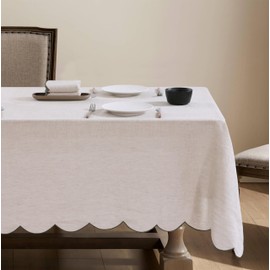 AORISSI 100% French Flax Linen Tablecloths Scalloped Embroidery Rectangle 108Lx60W Inch for Dinners, Parties, Spring, Machine Washable, 8-10 Sets, Linen(Edges-Green)