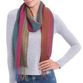 NOVICA Artisan Handmade Alpaca Blend Scarf Woven Striped Wrap from Peru Pima Cotton Accessories Scarves Multicolor ' Fiesta Harmony'