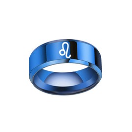 OAKKY Unisex Stainless Steel Hip Hop 12 Constellation Zodiac Signet Ring Horoscope Astrology Beveled Edges Birthday Gift Leo Blue Size S