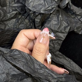 Flower Press on Nails Medium Almond Handmade Fake Nails Pink White Gradient French Tip Acrylic Nails Thick and Muti-Layer Gel False Nails 3D Floral Butterfly Design Nails DIY Art for Women (Size S)