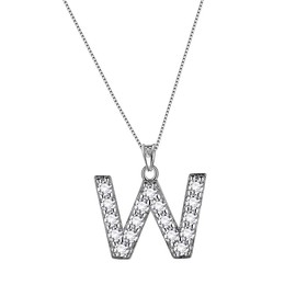 Aurora Tears 26 Letters Necklace/Stud Earrings, 925 Sterling Silver, Initial A-Z Alphabet Pendant/Earring with Cubic Zirconia, Jewellery Gifts for Women, Cubic zirconia, W