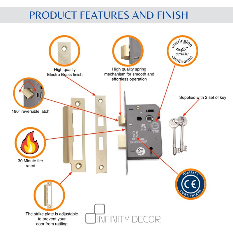 Infinity Decor Fire Rated Electro Brass 3 Lever Mortice Sash