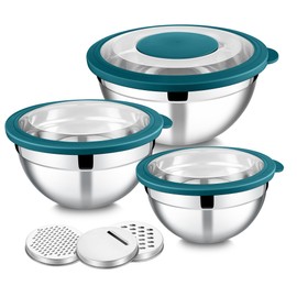 E-far Mixing Bowls with Lids and Graters, Stainless Steel Salad Mixing Bowl with Transparent Lid Set of 3, Metal Nesting Salad Storage for Kitchen Prepping/Serving/Baking, 4.6/2.6/1.5QT - Teal Blue