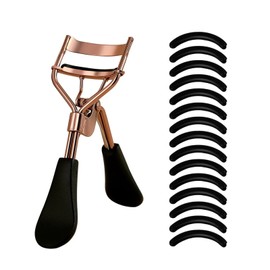 Rizador de pestañas portátil con 15 almohadillas silicona y acero inoxidable, ideal for extensiones rizado(Black and Gold-1)                          