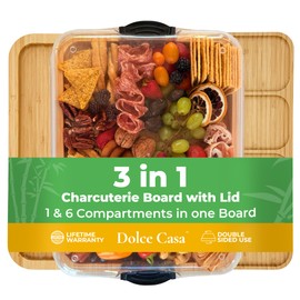 3-in-1 Charcuterie Board with Lid – Large Single Storage Including 6-Compartment Insert, Bamboo Cutting Boards with Clear Locking Cover, Snacks, Food Prep & Serving