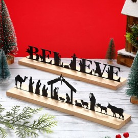 Soaoo 4 Pcs Nativity Set for Christmas Metal Nativity Decorations Christmas Table Decorations Rustic Nativity Table Signs with Wood Base Nativity Figures for Winter Holiday Indoor Table Decor
