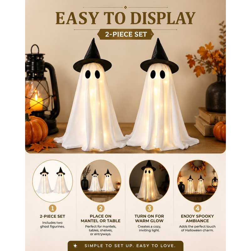 LED Witch Hat Ghost Figurines for Halloween Decor – 2-Piece