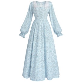 FCCAM Pioneer Colonial Costume for Women Floral Prairie Dress Ruffled Apron with Pockets Civil War Dress Blue XXL