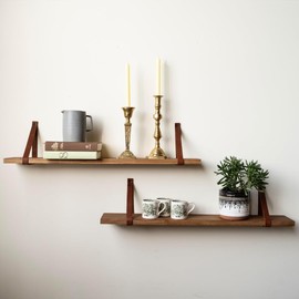 Hardwood Customizable Shelves ~ With Full Grain Leather Straps - Choose Your Stain (12x24 inches, Walnut)