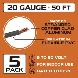 Iron Forge Cable 20 Gauge Automotive Wire - 5 Roll Assortment Pack - 50 Ft of Copper Clad Primary Wire per Roll, 20 Gauge Wire 50 Ft Stranded Copper Clad Aluminium Auto Wire