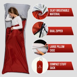 WELL TRAVELED - Forro para saco de dormir, ligera para adultos, para senderismo, mochileros y camping, fácilmente extraíble y lavable, tela suave y sedosa, saco fácil de guardar (rojo (cierre derecha))
