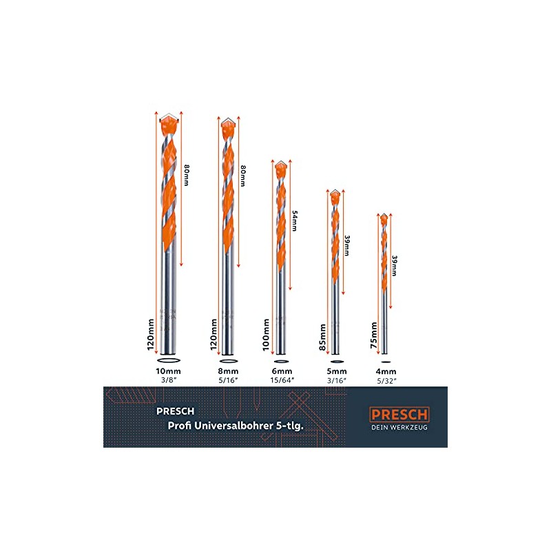Presch Universal Drill Bit Set Professional 5-Piece Carbide Multi-Purpose Drill
