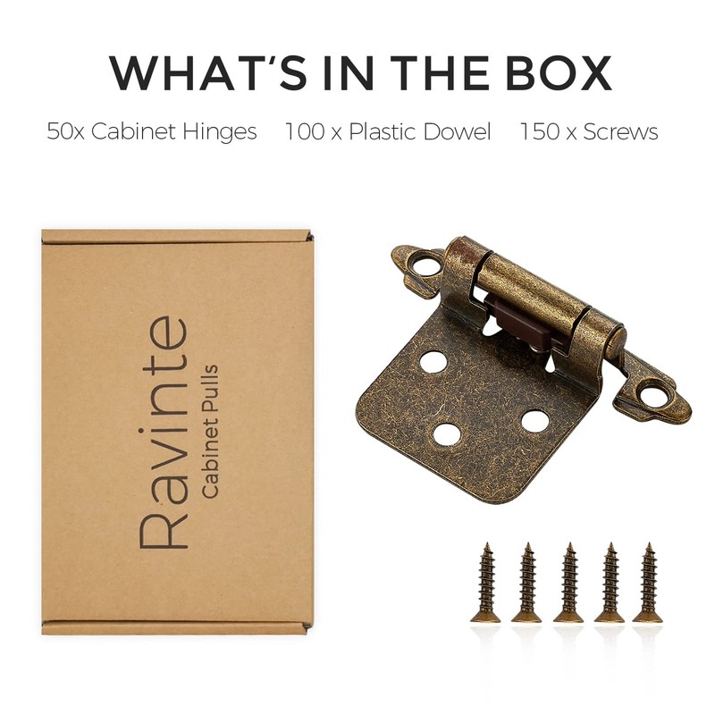 Ravinte Antique Bronze Cabinet Hinges, 1/2 Inch Overlay, 50 Pack