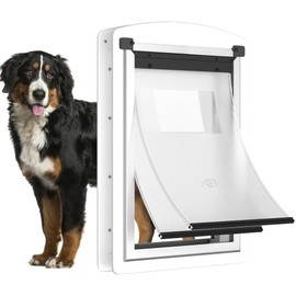 [MAVRICTECH] Extea Large Dog Door for Door, Dog Door for Interior & Exterior Door with Steel Frame and Telescoping Tunnel, Magnetic Two Flaps Design and Two Sliding Lock Panels, Up to 220LBS, White.
