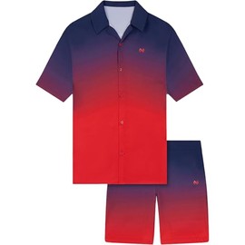 WJL WHISPERING JONES LONDON Mens Hawaiian Short Set Beach 2-Piece Outfit Set Gradient Shirts & Shorts T Shirt Elasticated Waist Mesh Lined Shorts Menswear, Red, M
