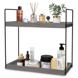 Hidden Haven - 2 Tier Bathroom Countertop Organizer Lightly Lacquered to Resist Water and Stains - Easy to Assemble-Tray Standing Decore Bathroom Organizer and Kitchen Spice Rack (Smoked Ash)