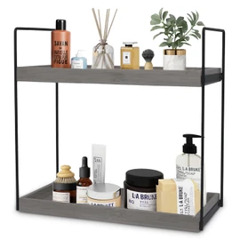 Hidden Haven - 2 Tier Bathroom Countertop Organizer Lightly Lacquered to Resist Water and Stains - Easy to Assemble-Tray Standing Decore Bathroom Organizer and Kitchen Spice Rack (Smoked Ash)