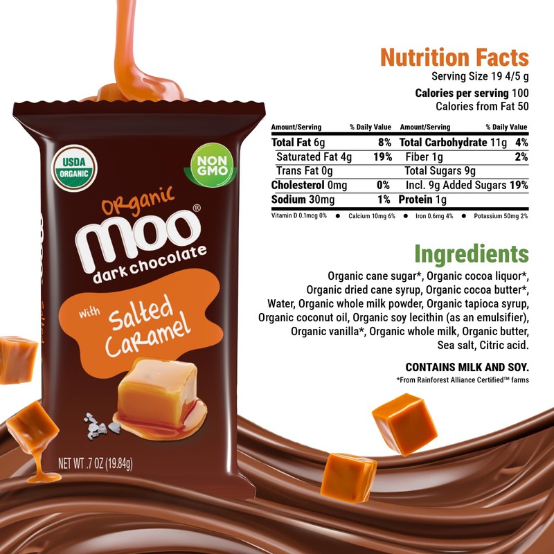 Moo Chocolates Organic Dark Chocolate Mini Bars with Salted Caramel