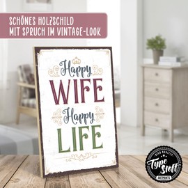 TypeStoff HS-00576 Wooden Sign with Saying - Happy Wife, Happy Life - Vintage Look with Quote as Gift and Decoration