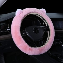 Cartoon Cute Fluffy Steering Wheel Cover for Women Girls,JXJKMMN Furry Ear Steering Wheel Cover Winter Warm Fuzzy Car Steering Wheel Cover Lovely Car Inside Decoration (Pink)