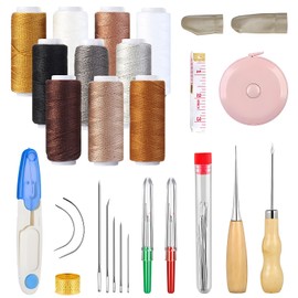 36Pcs Waxed Thread Leather Sewing Tools, Sewing Awl Seam Ripper Craft Tools and Supplies, Heavy Duty Upholstery Repair Kit with Finger Protector, Hand Stitching Needles Kit for Beginners Canvas DIY