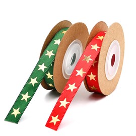 2rolls 10mm 5yard Gold Star Red Green Craft Cotton Ribbon, Wrapping Rope Merry Christmas Pattern for DIY Birthday Present Package Favor Party Decorations