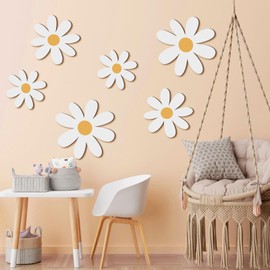 Thyle 6 Pcs Daisy Wall Decor Wooden Daisy Wall Art White Flowers Wall Signs Hanging Plaque for Home Nursery Bedroom Farmhouse Bathroom Decorations Housewarming Gifts (Elegant Style)