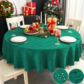 EFFICINATURE Round Christmas Tablecloth 70 Inch Green Table Cloths Waterproof Washable Wrinkle Free Leaves Jacquard Fabric Table Cover for 30-56”Tables-Kitchen Dinning Birthday Party Banquet Decor