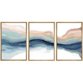 SIGNWIN Framed Canvas Print Wall Art Set Pastel Watercolor Teal Brown Paint Stroke Landscape Abstract Shapes Illustrations Modern Art Decorative for Living Room, Bedroom, Office - 16"x24"x3 Natural