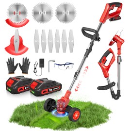 Electric Weed Wacker with Wheels, Weed Eater with 2 x 24V Batteries and Charger,Cordless String Trimmer, Grass Trimmer/Edger Lawn Tool/Brush Cutter with Adjustable Length for Yard Lawns