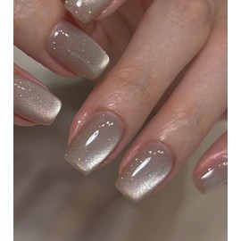 Artquee Press on Nails Short Gleaming Cat Eye Square False Tips Subtle Nude Pink Glossy Reusable Fake Stick on Nails Kit for Women - 30 Pcs 15 Sizes