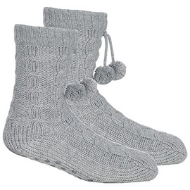 WS-AW21 Ladies Cable Lounge Socks with Grippers Warm Chunky Size Grey 4-8
